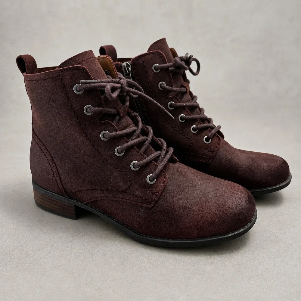 Earth Etienne LQV Womens 6M Burgundy Leather Lace Up Combat Ankle Boots Moto
